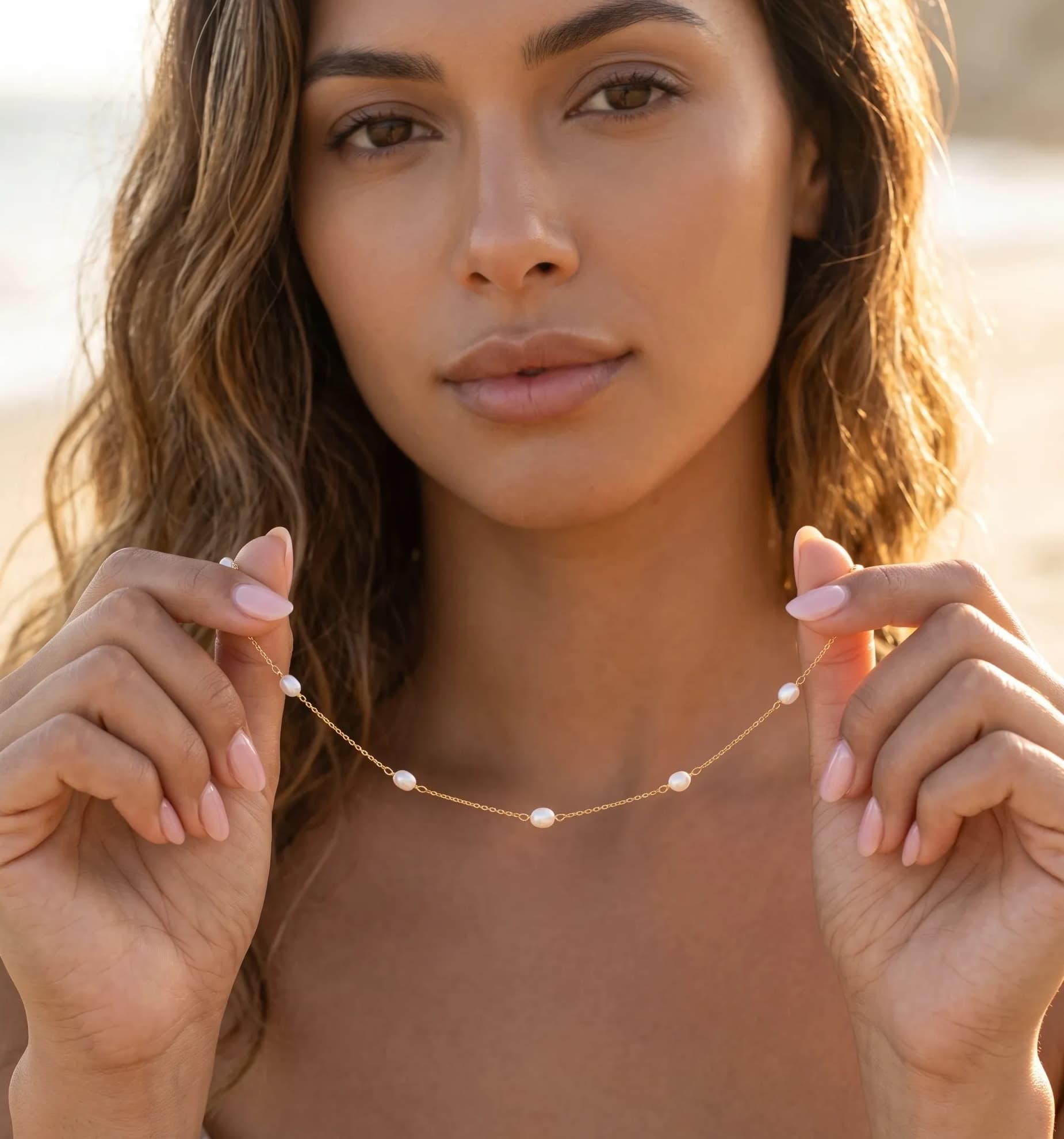 Pearl station necklace beach lifestyle shot