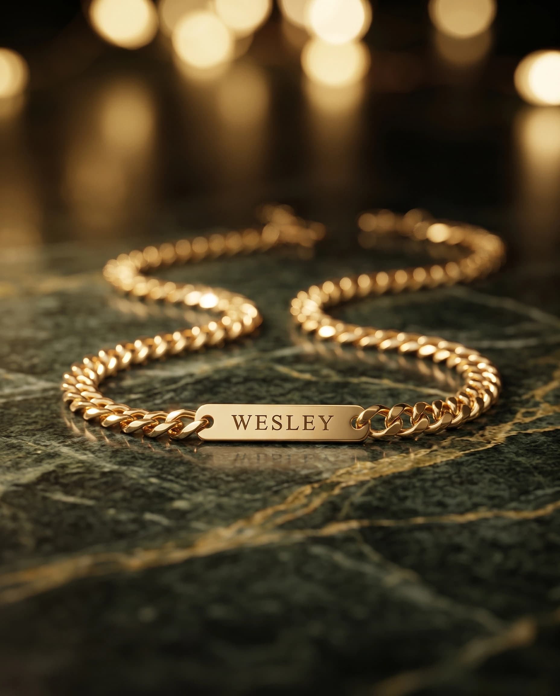 Personalized gold nameplate bracelet, candlelit marble